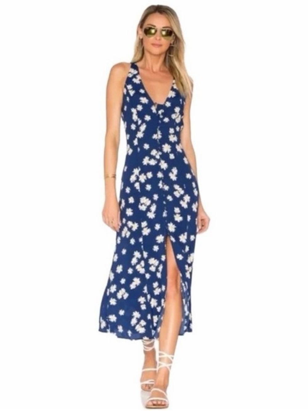 Privacy Please Navy Blue Floral V-Neck Midi Dress with Front Slit